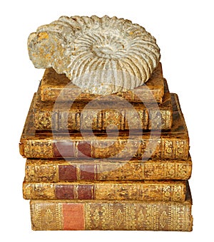 Pile of antique books with a leather cover and golden ornaments on white