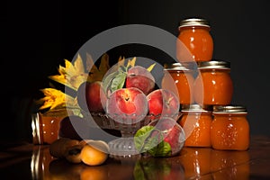 Pile of apricot and peach jam jars