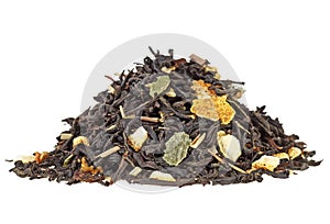 Pile of aromatic dry tea with fruits on white background. Orange fruit and lemon grass