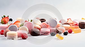 a pile of assorted candies and chocolates on a white surface