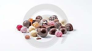 a pile of assorted chocolates and candy on a white background with a few scattered pieces of candy on the side of the pile