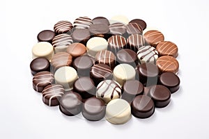 A pile of assorted chocolates on a white surface.