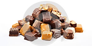 A pile of assorted chocolates on a white surface.