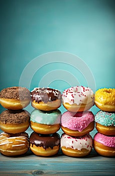 a pile of assorted donuts on a blue background