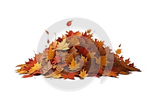 Pile of autumn colored leaves isolated on white background
