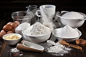 pile of baking supplies, including flour, sugar, and measuring cups