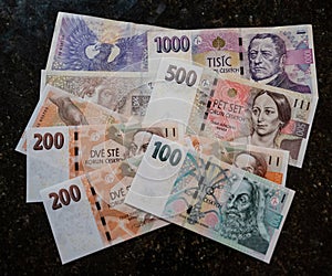 Pile of banknotes of the Czech korunas.
