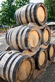 A pile of barrels standing on the yard of brewery in Zwierzyniec, Poland