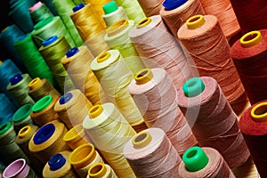 Pile of big colorful spools of thread.