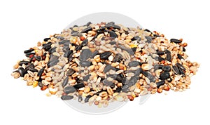 Pile of bird seed including sunflower seeds, wheat and maize