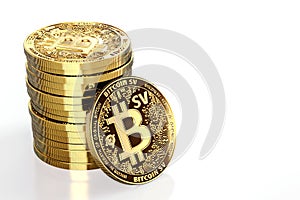 Pile of Bitcoin Satoshi Vision Bitcoin SV or BSV cryptocurrency isolated on white background. Concept coin. 3D rendering