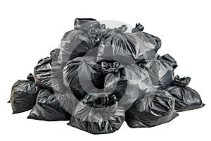 Pile of black garbage bags isolated on a white or transparent background. Close-up of black trash bags. Recycling and