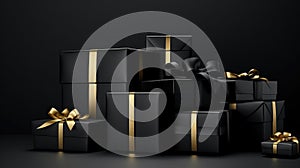 A pile of black and gold gift boxes, Black Friday background