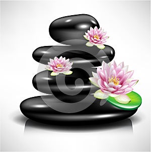 Pile of black massage stones and lotus flowers