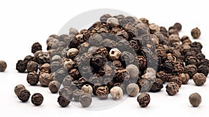 Pile of Black peppercorns (Black pepper) seeds isolated on white background. Generative AI