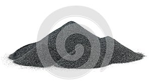 Pile of black quartz sand isolated on white background. Crushed quartz is used in construction materials, water treatment and