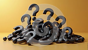 Pile of black question marks on a yellow background symbolizing confusion or curiosity.