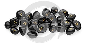 Pile of black rune stones isolated on white, top view