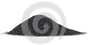 Pile of black sand isolated on white background. Black sand dune