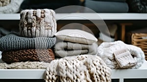 A pile of blankets and sweaters on a shelf in the store, AI