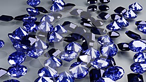 blue Emerald Cut Gemstone and diamonds on white background, 3D illustration