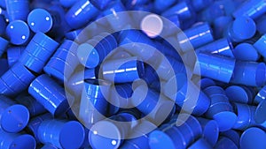 Pile of blue steel drums or barrels for transporting petroleum or other liquids. 3D animation
