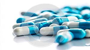 A pile of blue and white pills on a white surface