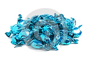 Pile of Blue Wrapped Candy Isolated on a White Background