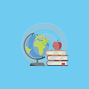 Pile of book, apple and globe in flat style. Education concept. Back to school illustration with many closed books and globe