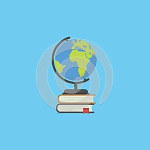 Pile of book and globe in flat style. Education concept. Back to school illustration with many closed books and globe