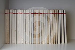 Pile of books with blank spine on a white shelf