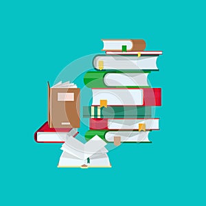 Pile of books with colorful covers and bookmarks isolated on blue background. Stack of hardcover textbooks or literature