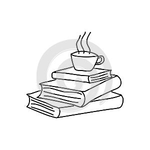 Pile of books with cup of tea. Concept love reading. Line icon for libraries, stores, festivals, fairs and schools. Vector photo