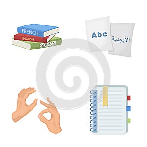 A pile of books in different languages, sheets of paper with translation, a gesture of deaf mutes, a notebook with text