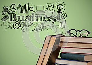 Pile of books and glasses with black business doodles against green background