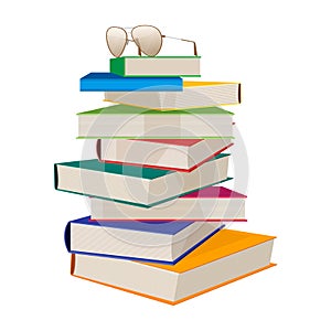 Pile of books with glasses on top vector illustration isolated