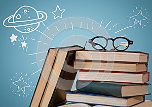 Pile of books and glasses with white space doodles against blue background