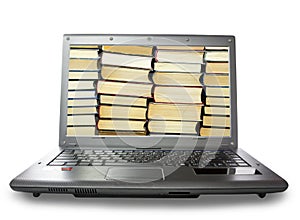 The pile of books on a laptop monitor, on white background
