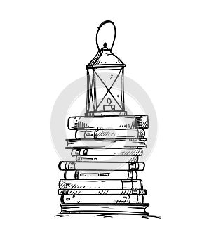 Pile of books with old lantern on the top, vector illustration
