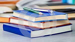 Stack of books and pencils on the table back to school education concept