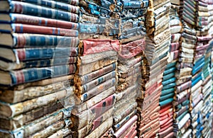 Pile of books volumes inside the bookstore Libreria Acqua Alta in Venice photo