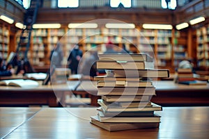 Pile of books on wooden table in library or bookstore