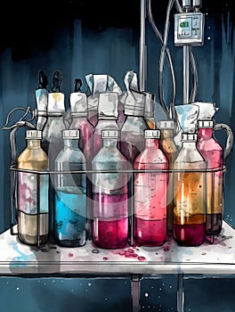 Pile of bottles standing on the table mixed media style surgical intravenous drip. AI generated
