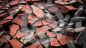 a pile of broken pieces of red and black bricks