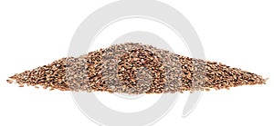 Pile of brown flax seeds isolated on white background, front view. Linseeds