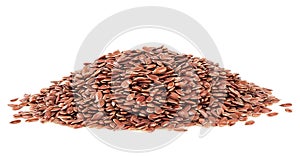 Pile of brown flax seeds isolated on white background. Group of linseeds