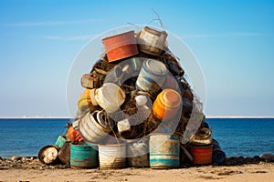 Pile of buckets and barrels sitting on top of beach. Generative AI