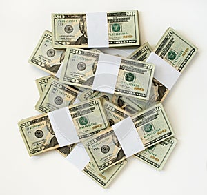 Pile of Bundled Twenty Dollar Bills from Above