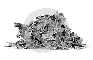 Pile of burned paper isolated on white background. The ashes of the paper