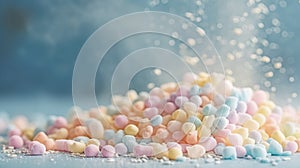 a pile of candy corn sprinkles on a blue background with a blurry background of the corn kernels in the foreground